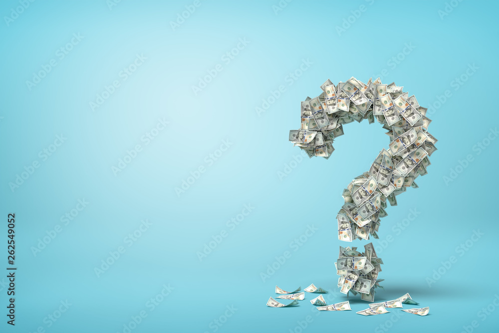 Poster 3d rendering of question mark made up of dollar banknotes on blue background.