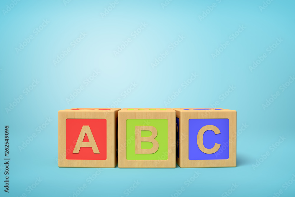 Poster 3d rendering of alphabet toy blocks on blue background.