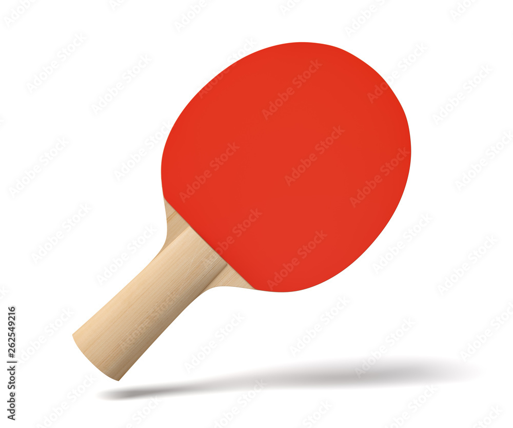 Poster 3d close-up rendering of ping pong racket with wooden handle and red rubber in air on white backgrou