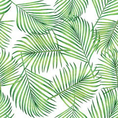 Watercolor painting coconut,banana,palm leaf,green leaves seamless pattern background.Watercolor hand drawn illustration tropical exotic leaf prints for wallpaper,textile Hawaii aloha jungle style.