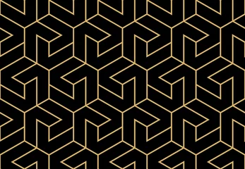 Foto op Plexiglas Zwart goud Abstract geometrisch patroon met strepen, lijnen. Naadloze vectorachtergrond. Goud en zwart ornament. Eenvoudig rooster grafisch ontwerp
