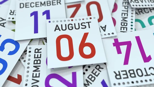 August 6 date on calendar leaf among other leaves, 3D animation