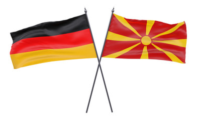 Germany and Macedonia, two crossed flags isolated on white background. 3d image
