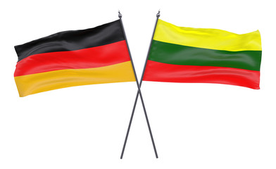 Germany and Lithuania, two crossed flags isolated on white background. 3d image