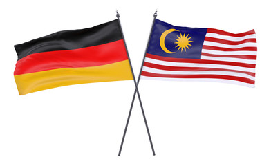 Germany and Malaysia, two crossed flags isolated on white background. 3d image