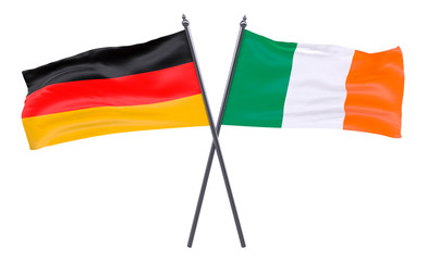 Germany and Ireland, two crossed flags isolated on white background. 3d image