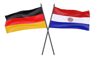 Germany and Paraguay, two crossed flags isolated on white background. 3d image