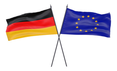 Germany and European Union, two crossed flags isolated on white background. 3d image