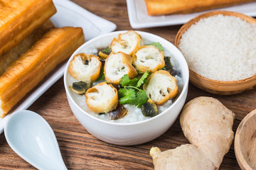 Rice preserved egg lean meat porridge，chinese rice porridge, chinese traditional healthy breakfast