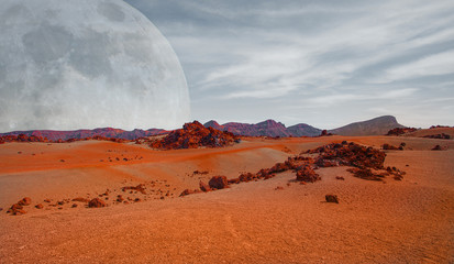Red planet with arid landscape, rocky hills and mountains, and a giant Mars-like moon at the...