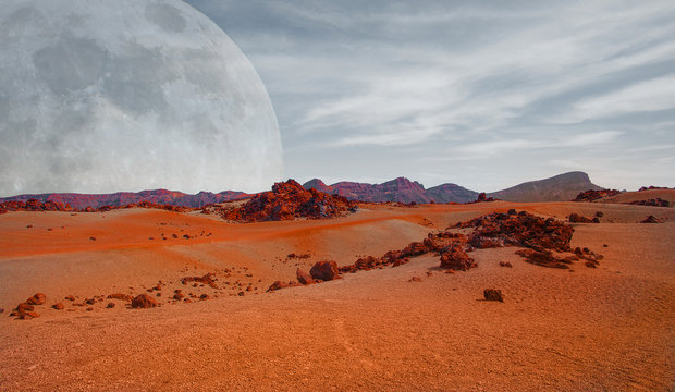Red planet with arid landscape, rocky hills and mountains, and a giant Mars-like moon at the horizon, for space exploration and science fiction backgrounds. Elements of this image furnished by NASA.
