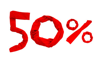 fifty percent mark (50%) made from red clothes on a white background. Isolated