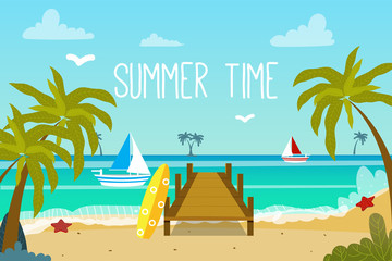 Beautiful beach, boats , palm trees and ocean. Summer beach in cartoon style. Vector. - 262552807