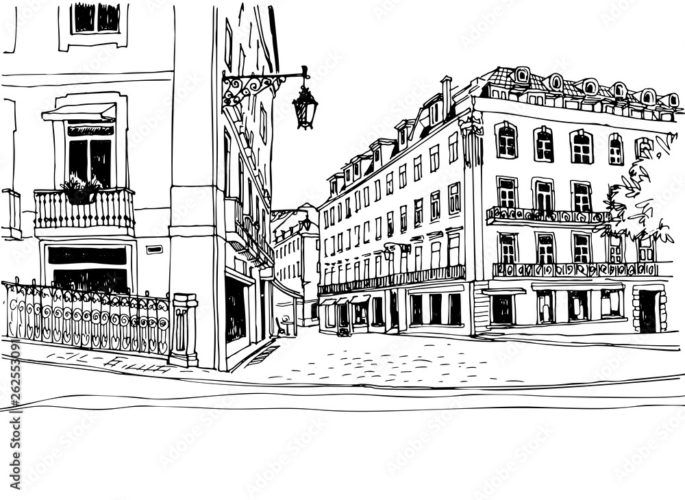 Wall mural Old street view sketch. Urban landscape in hand drawn line style. Ink drawing. Vector illustration