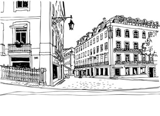 Old street view sketch. Urban landscape in hand drawn line style. Ink drawing. Vector illustration