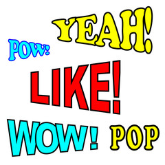 Pop art. Vector. Comic text isolated on white background...LIKE. YEAH. POW. WOW. POP.