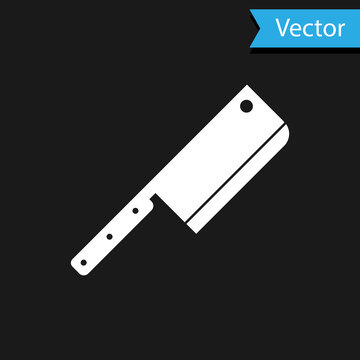 White Meat chopper icon isolated on black background. Kitchen knife for meat. Butcher knife. Vector Illustration