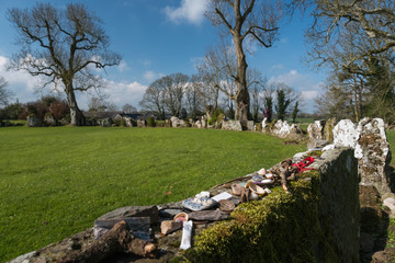 People's offerings on one of the stones at Grange Stone Circle. Co. Limerick. Ireland. April 2019