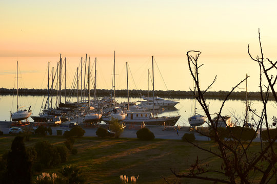 View from above of sunset at the marina of Nea Krini, Kalamaria district, Thessaloniki, Greece. 