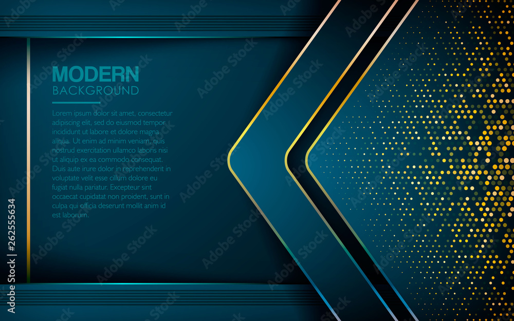 Poster luxury blue overlap layers abstract background. modern shape with light golden line and golden glitt
