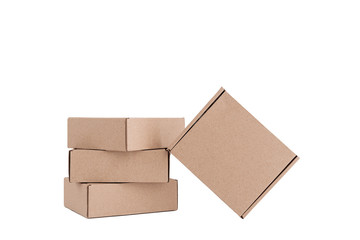 Stack of craft paper boxes isolated on white.
