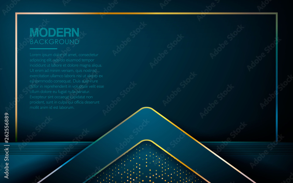 Poster luxury blue overlap layers abstract background. modern shape with light golden line and golden glitt