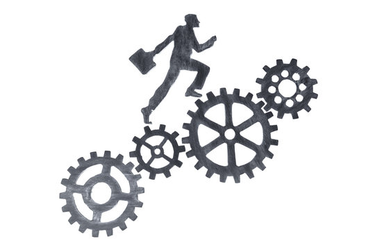 Silhouette of a businessman with a briefcase is going to success through a set of gear, assembled in a puzzle. Career growth, promotion and teamwork. Isolated on white background. - Powered by Adobe