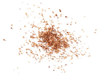 pile cinnamon powder isolated on white background, with top view