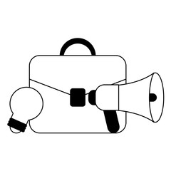 Business briefcase with bullhorn and bulb light in black and white