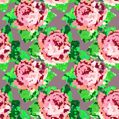 Seamless mosaic abstract colored pattern with pink roses.  Vector clipart for design, for fabric.