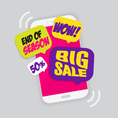 Big Sale concept with text bubble on smartphone screen. On line shopping. Vector illustration