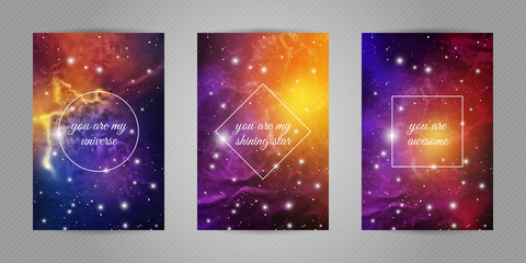 Set of romantic postcards for beloved with space and stars background and love quotes