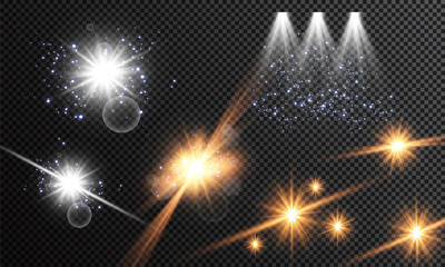 Fototapeta premium Glow light effect. Vector illustration. Christmas flash Concept. Vector illustration of abstract flare light rays. A set of stars, light and radiance, rays and brightness. Glow light effect.