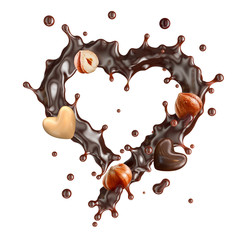 Dripping melted dark chocolate or chocolate syrup in the form of heart with haselnuts and chocolate candies, isolated. Chocolate liquid design element. Valentine day concept. 3D render