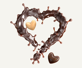 Dripping melted dark chocolate or chocolate syrup in the form of heart with white and dark chocolate candies, isolated. Chocolate liquid design element. Valentine day concept. 3D render