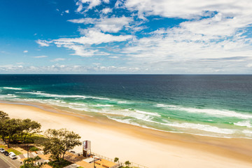 Landscape of the sea, blue sky, sandy beach in the Gold Coast Australia