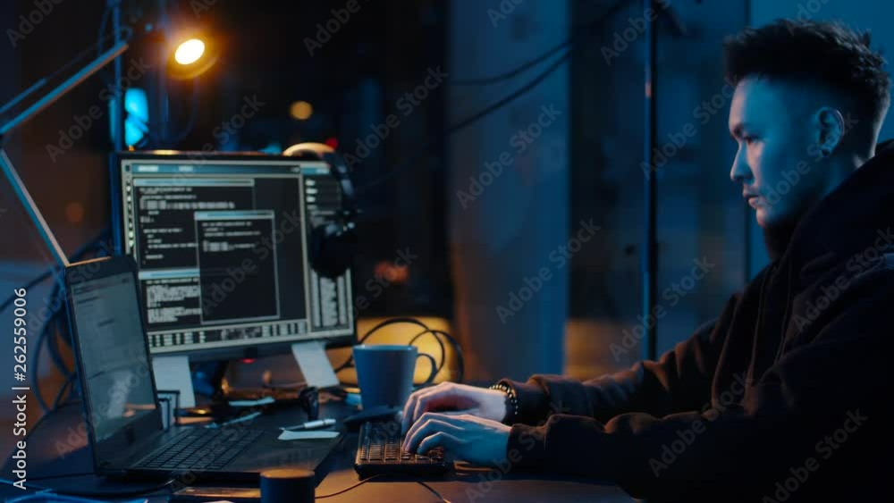 Poster cybercrime, hacking and technology concept - asian male hacker using computer for cyber attack and t