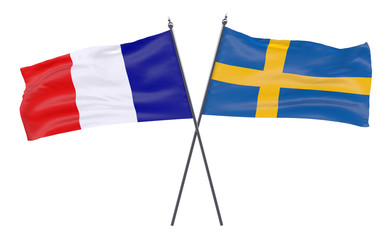 France and Sweden, two crossed flags isolated on white background. 3d image
