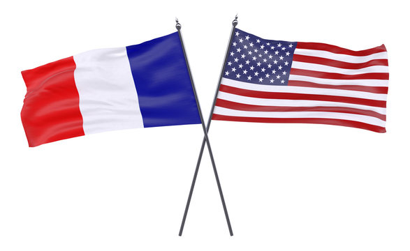 France and USA, two crossed flags isolated on white background. 3d image