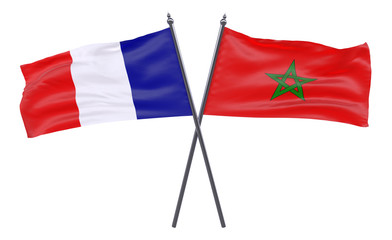 France and Morocco, two crossed flags isolated on white background. 3d image