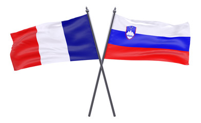 France and Slovenia, two crossed flags isolated on white background. 3d image