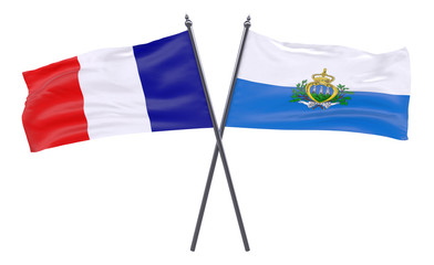 France and San Marino, two crossed flags isolated on white background. 3d image