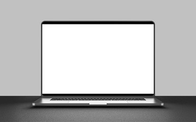 Laptop with blank screen isolated on gray background, white aluminium body. Whole in focus. High...