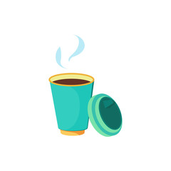 Steaming cup of coffee. Blue paper disposable cup with black coffee and plastic lid. Takeaway cups concept. Vector illustration can be used for topics like morning, coffee break, breakfast outdoors