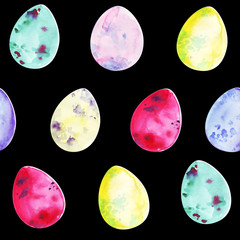 Black seamless pattern with hand drawn watercolor Easter eggs decorated with abstract splatters resembling moon surface
