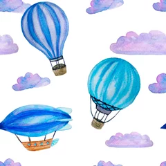 Papier peint Animaux avec ballon modèle sans couture aquarelle avec des ballons à air chaud bleus, des nuages et un dirigeable isolé sur blanc