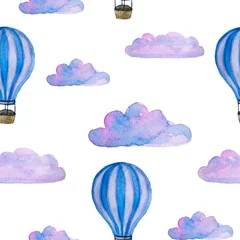 Papier Peint photo autocollant Animaux avec ballon modèle sans couture aquarelle avec des ballons à air chaud bleus, des nuages et un dirigeable isolé sur blanc