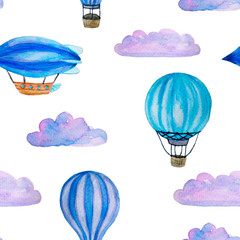 modèle sans couture aquarelle avec des ballons à air chaud bleus, des nuages et un dirigeable isolé sur blanc