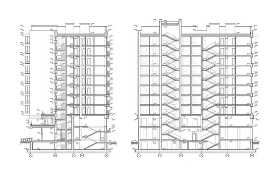 Multistory building section, detailed architectural technical drawing, vector blueprint