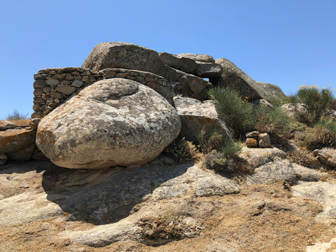 Lunar landscape with big stone an unique geological phenomenon, near Volax village in Tinos island, Greece.